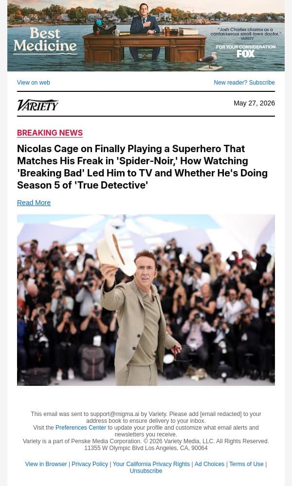 Nicolas Cage on Finally Playing a Superhero That Matches His Freak in 'Spider-Noir,' How Watching 'Breaking Bad' Led Him to TV and Whether He's Doing Season 5 of 'True Detective' email from Variety screenshot