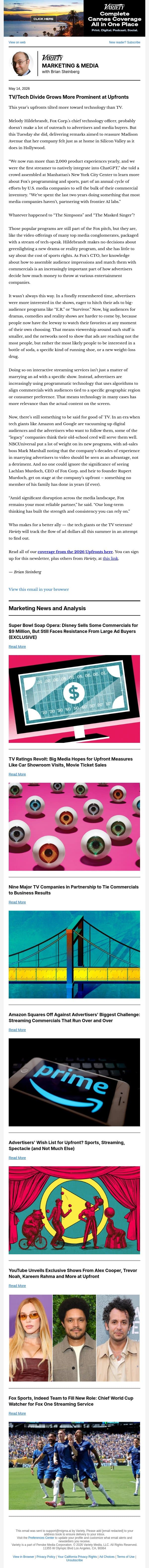 Marketing & Media Newsletter: TV/Tech Divide Grows at Upfronts; Disney's Super Bowl Soap Opera; TV Ratings Revolt; Amazon Tackles Runaway Repeat Ads; and More email from Variety screenshot