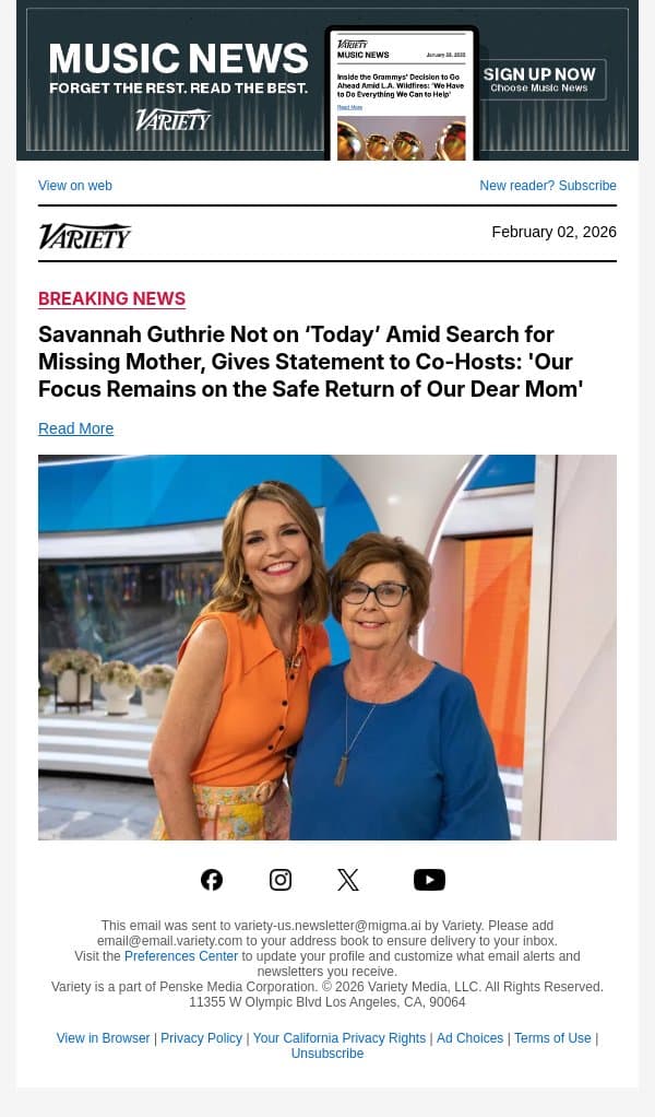 Savannah Guthrie Not on ‘Today’ Amid Search for Missing Mother, Gives Statement to Co-Hosts: 'Our Focus Remains on the Safe Return of Our Dear Mom' email from Variety screenshot