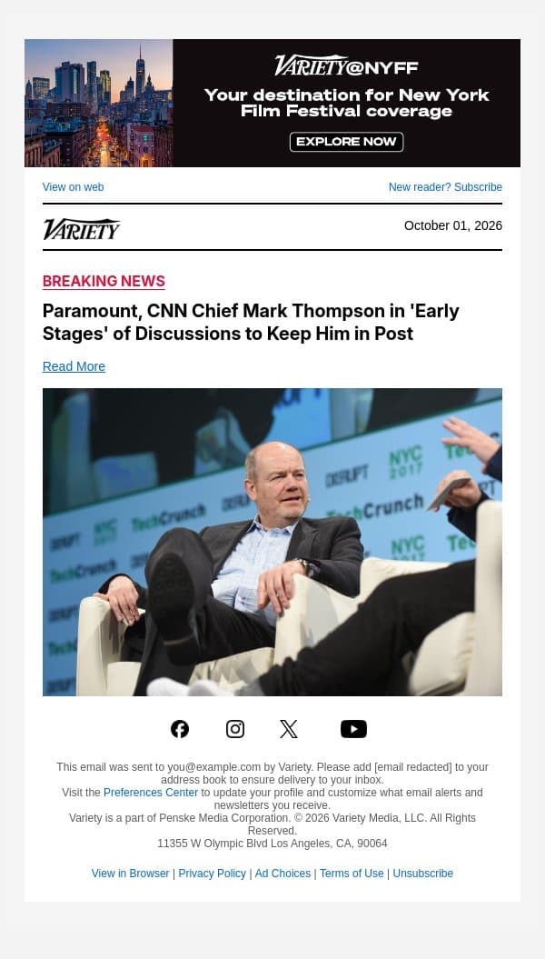 Paramount, CNN Chief Mark Thompson in 'Early Stages' of Discussions to Keep Him in Post email from Variety screenshot
