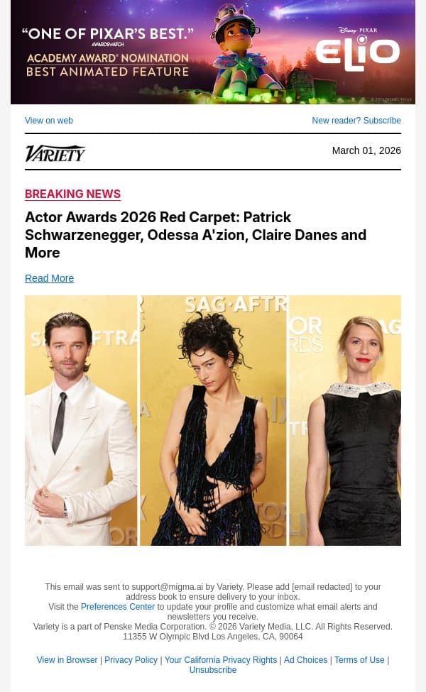 Actor Awards 2026 Red Carpet: Patrick Schwarzenegger, Odessa A'zion, Claire Danes and More email from Variety screenshot