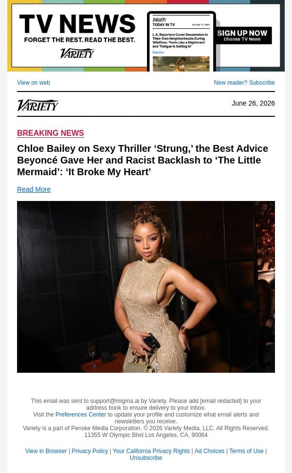 Chloe Bailey on Sexy Thriller ‘Strung,’ the Best Advice Beyoncé Gave Her and Racist Backlash to ‘The Little Mermaid’: ‘It Broke My Heart’ email from Variety screenshot