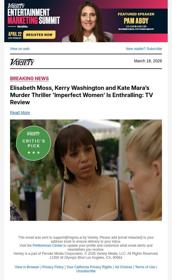Elisabeth Moss, Kerry Washington and Kate Mara’s Murder Thriller 'Imperfect Women’ Is Enthralling: TV Review email from Variety screenshot