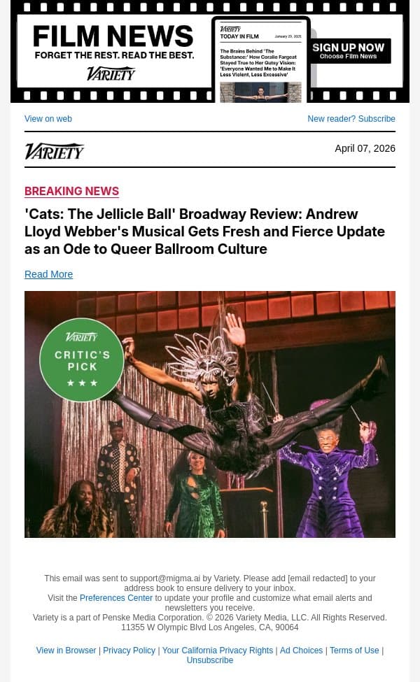 'Cats: The Jellicle Ball' Broadway Review: Andrew Lloyd Webber's Musical Gets Fresh and Fierce Update as an Ode to Queer Ballroom Culture email from Variety screenshot