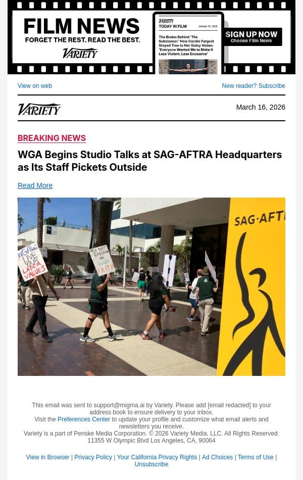 WGA Begins Studio Talks at SAG-AFTRA Headquarters as Its Staff Pickets Outside email from Variety screenshot