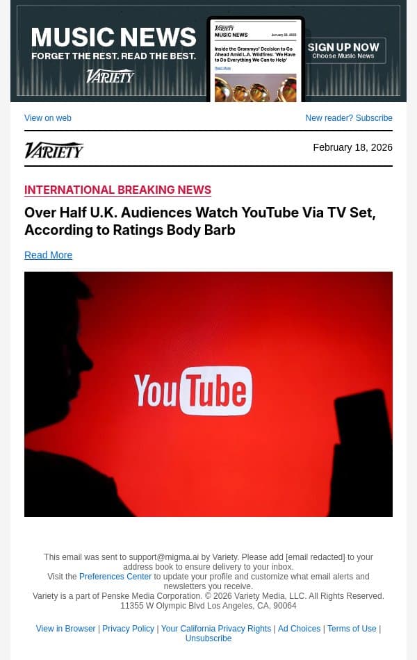 Over Half U.K. Audiences Watch YouTube Via TV Set, According to Ratings Body Barb email from Variety screenshot