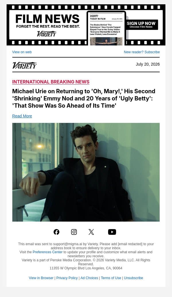 Michael Urie on Returning to 'Oh, Mary!,' His Second 'Shrinking' Emmy Nod and 20 Years of 'Ugly Betty': 'That Show Was So Ahead of Its Time' email from Variety screenshot