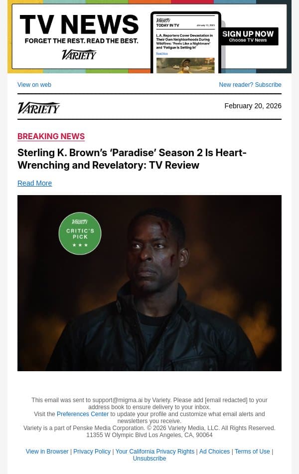 Sterling K. Brown’s ‘Paradise’ Season 2 Is Heart-Wrenching and Revelatory: TV Review email from Variety screenshot