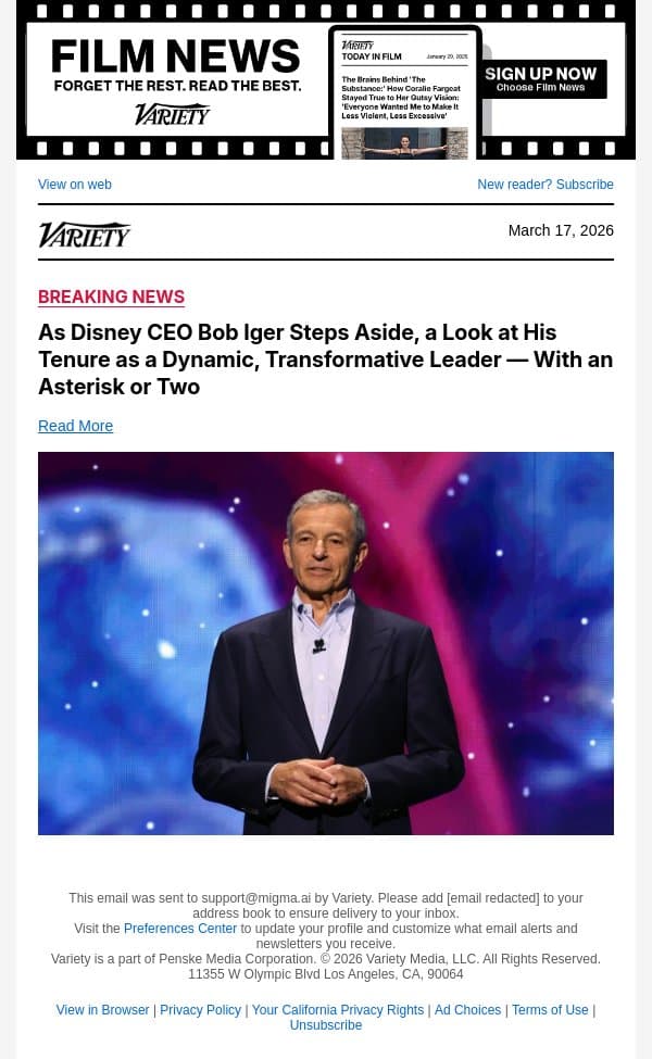 As Disney CEO Bob Iger Steps Aside, a Look at His Tenure as a Dynamic, Transformative Leader — With an Asterisk or Two email from Variety screenshot