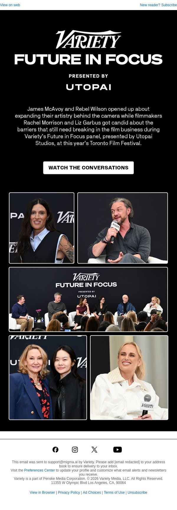 James McAvoy, Rebel Wilson and More Join Variety’s Future in Focus at TIFF to Talk Directorial Debuts, Fall Films and New Technology email from Variety screenshot
