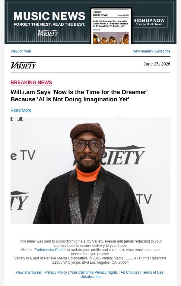 Will.i.am Says 'Now Is the Time for the Dreamer' Because 'AI Is Not Doing Imagination Yet' email from Variety screenshot