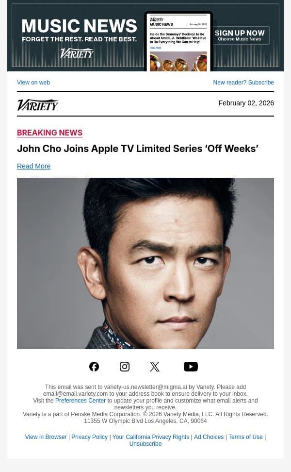 John Cho Joins Apple TV Limited Series ‘Off Weeks’ email from Variety screenshot