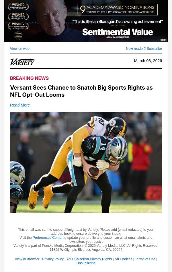 Versant Sees Chance to Snatch Big Sports Rights as NFL Opt-Out Looms email from Variety screenshot