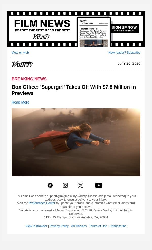 Box Office: 'Supergirl' Takes Off With $7.8 Million in Previews email from Variety screenshot