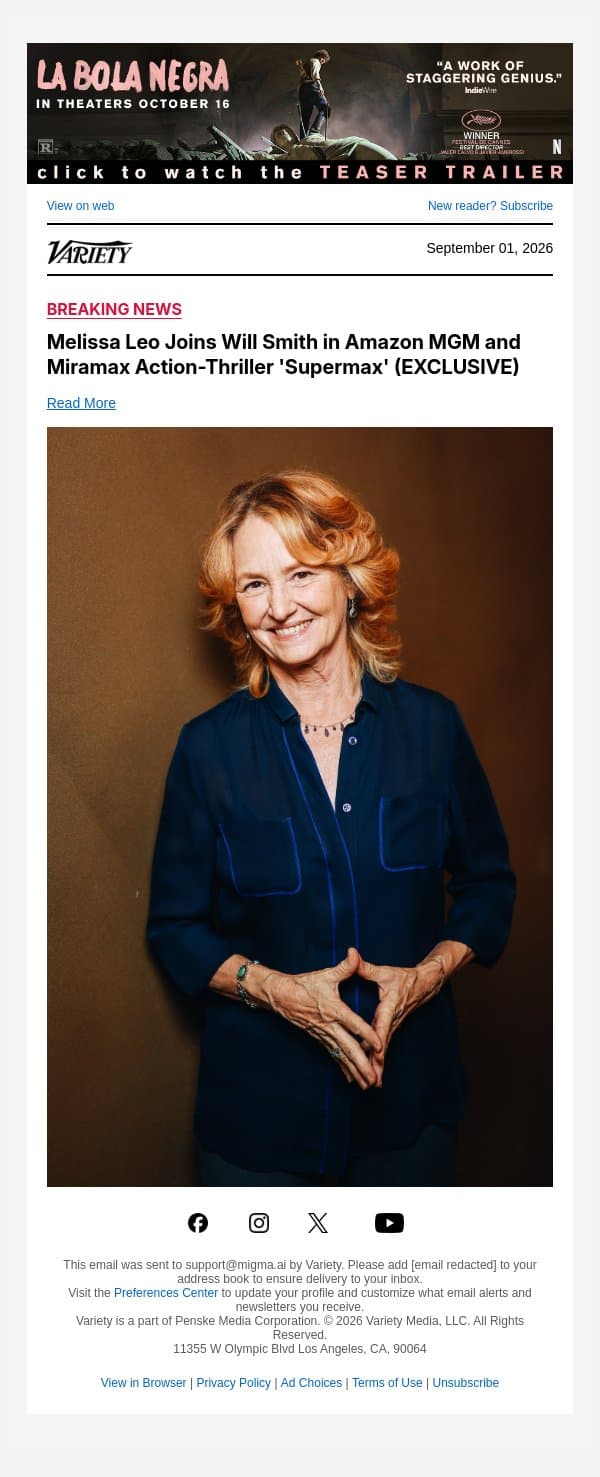 Melissa Leo Joins Will Smith in Amazon MGM and Miramax Action-Thriller 'Supermax' (EXCLUSIVE) email from Variety screenshot