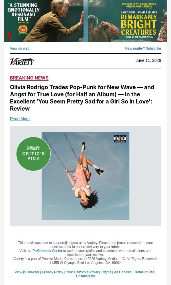 Olivia Rodrigo Trades Pop-Punk for New Wave — and Angst for True Love (for Half an Album) — in the Excellent 'You Seem Pretty Sad for a Girl So in Love': Review email from Variety screenshot