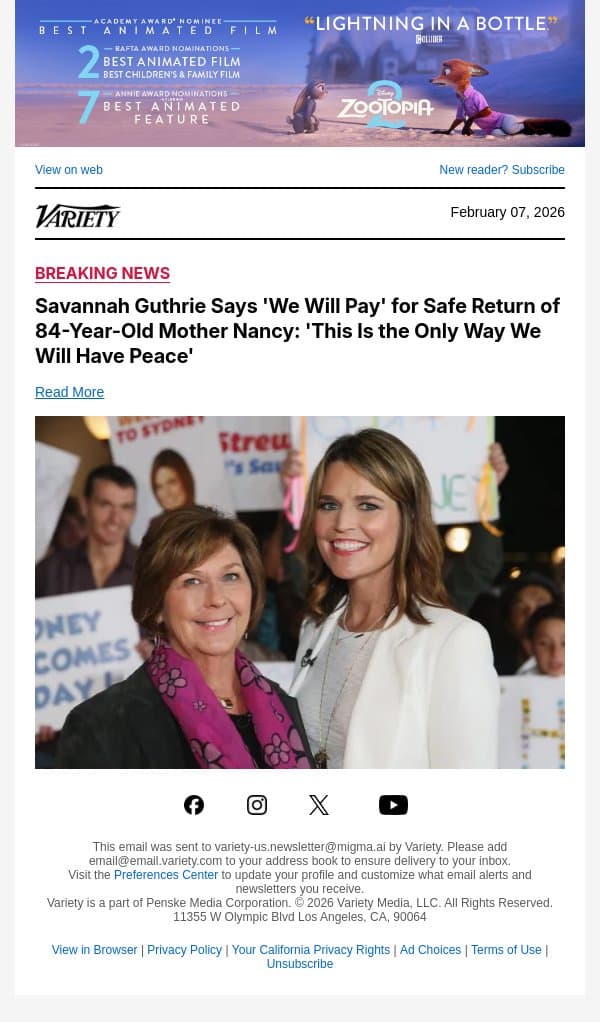 Savannah Guthrie Says 'We Will Pay' for Safe Return of 84-Year-Old Mother Nancy: 'This Is the Only Way We Will Have Peace' email from Variety screenshot