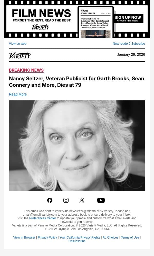 Nancy Seltzer, Veteran Publicist for Garth Brooks, Sean Connery and More, Dies at 79 email from Variety screenshot