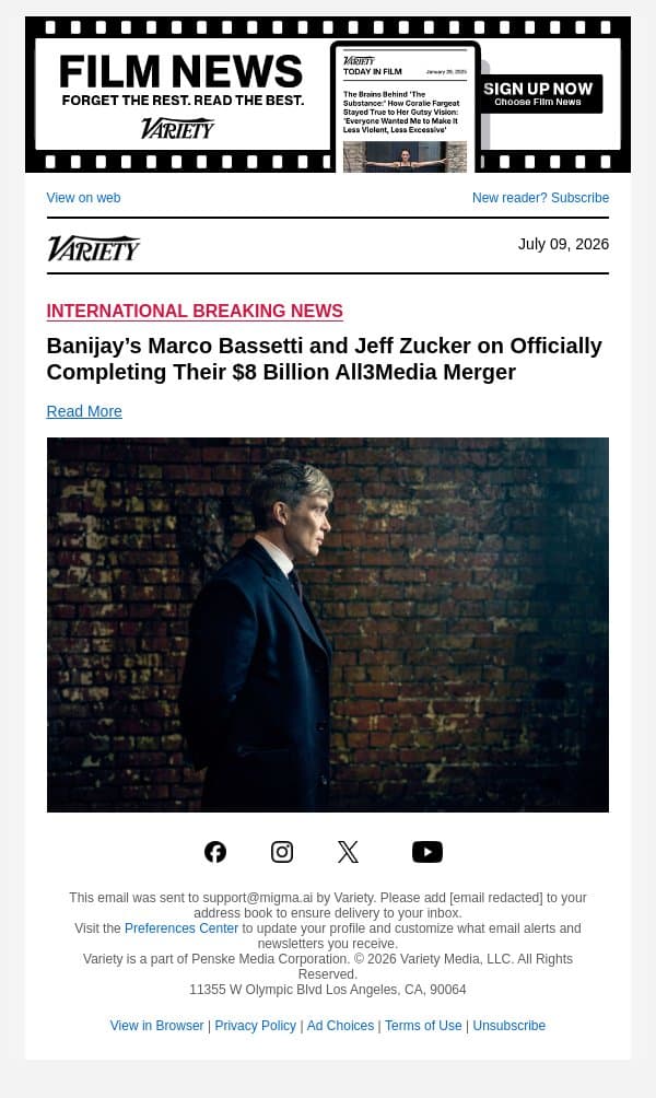 Banijay’s Marco Bassetti and Jeff Zucker on Officially Completing Their $8 Billion All3Media Merger email from Variety screenshot