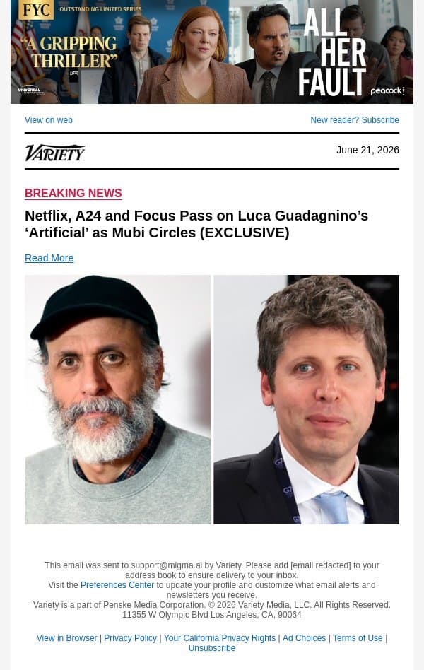 Netflix, A24 and Focus Pass on Luca Guadagnino’s ‘Artificial’ as Mubi Circles (EXCLUSIVE) email from Variety screenshot