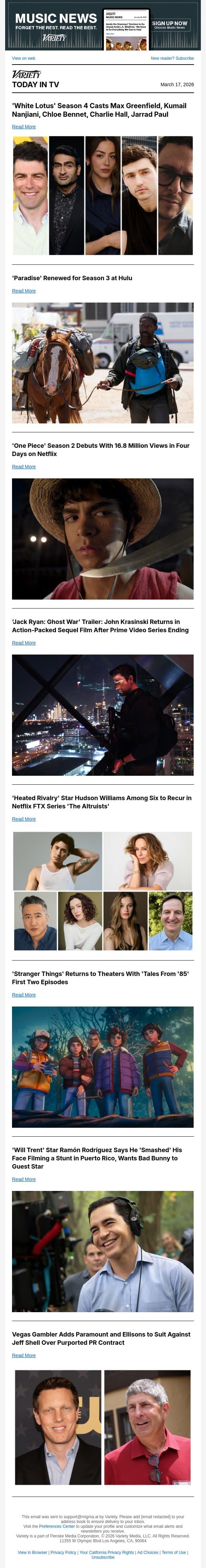 'White Lotus' S4 Castings; 'Paradise' Renewed; 'One Piece' S2 Ratings email from Variety screenshot