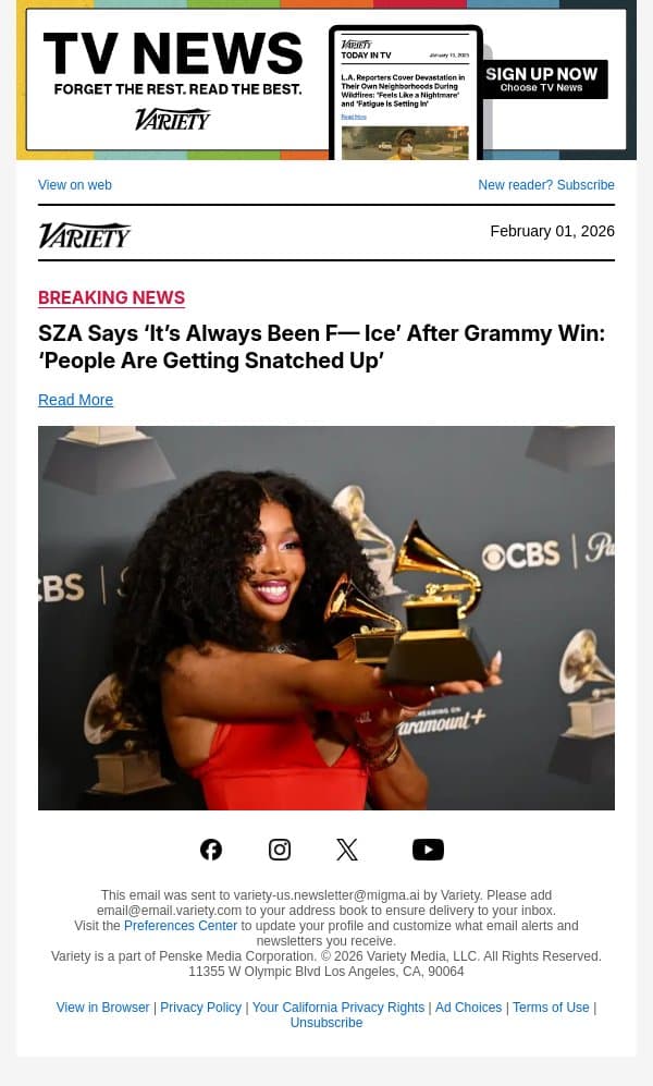 SZA Says ‘It’s Always Been F— Ice’ After Grammy Win: ‘People Are Getting Snatched Up’ email from Variety screenshot