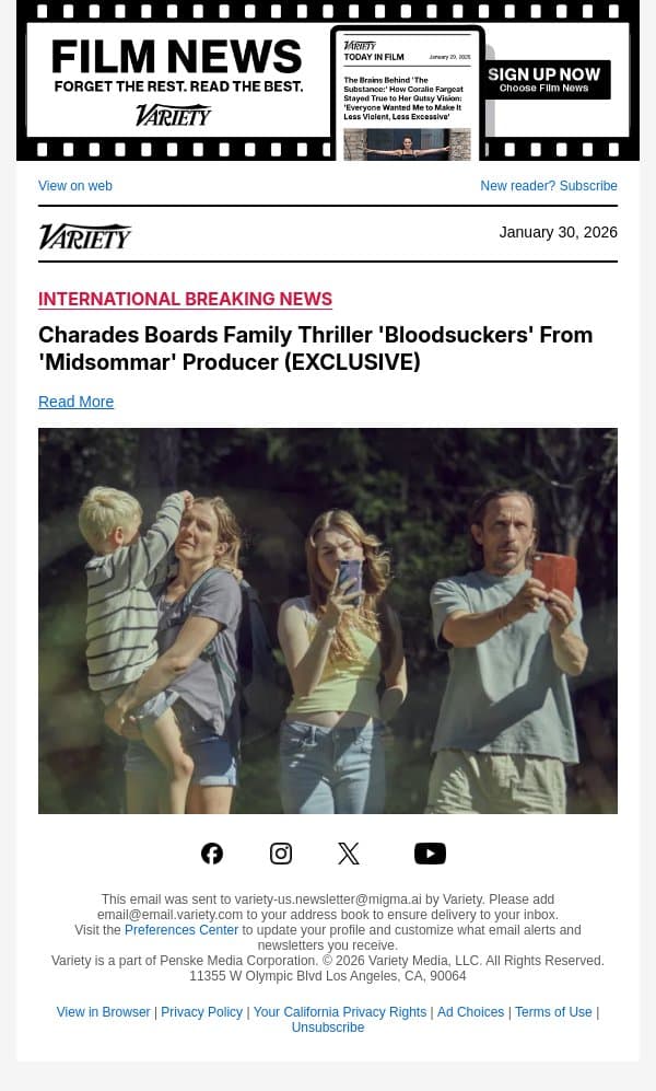 Charades Boards Family Thriller 'Bloodsuckers' From 'Midsommar' Producer (EXCLUSIVE) email from Variety screenshot