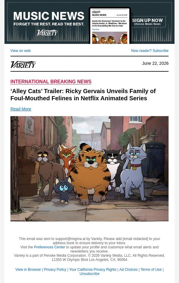 ‘Alley Cats’ Trailer: Ricky Gervais Unveils Family of Foul-Mouthed Felines in Netflix Animated Series email from Variety screenshot