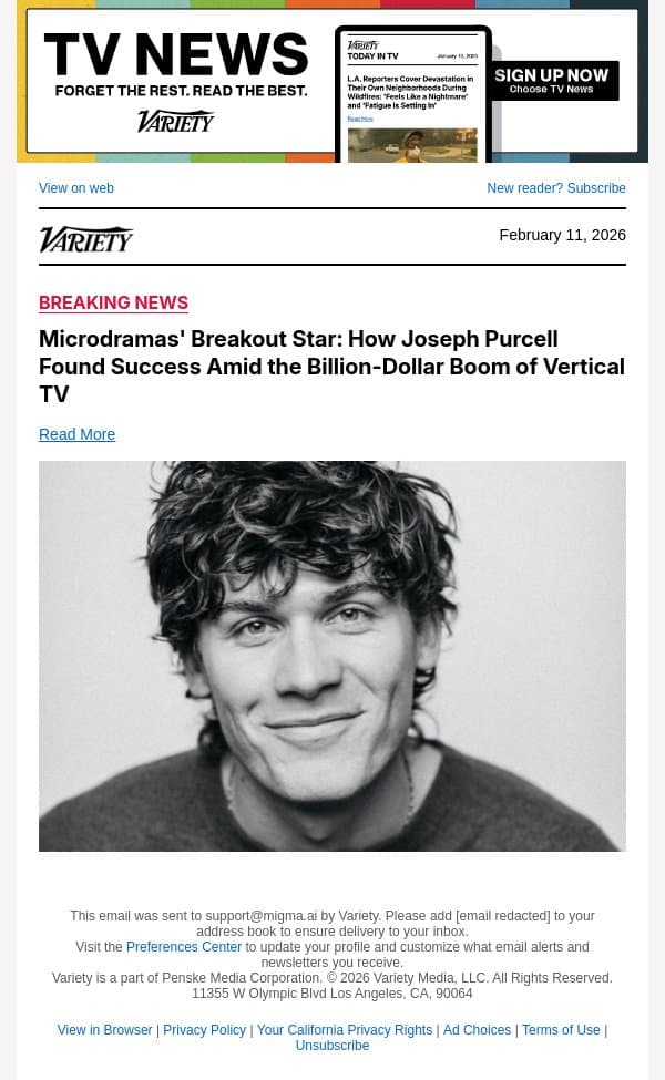 Microdramas' Breakout Star: How Joseph Purcell Found Success Amid the Billion-Dollar Boom of Vertical TV email from Variety screenshot