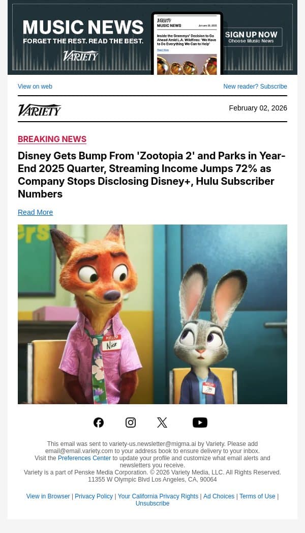 Disney Gets Bump From 'Zootopia 2' and Parks in Year-End 2025 Quarter, Streaming Income Jumps 72% as Company Stops Disclosing Disney+, Hulu Subscriber Numbers email from Variety screenshot