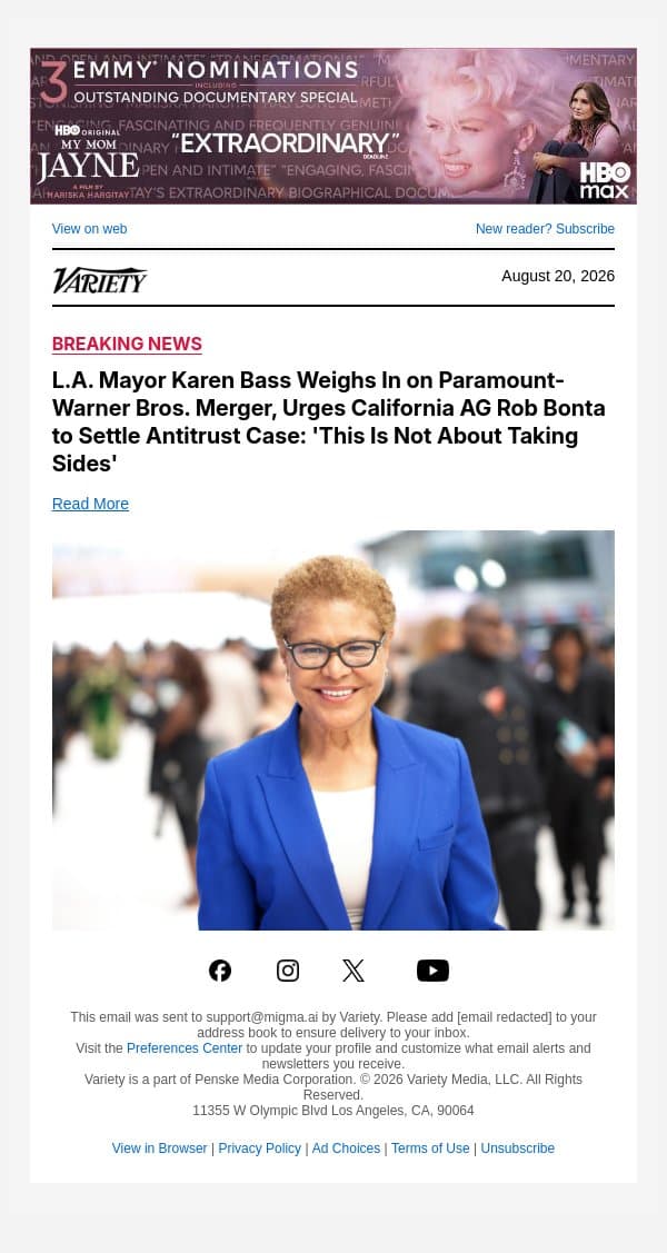 L.A. Mayor Karen Bass Weighs In on Paramount-Warner Bros. Merger, Urges California AG Rob Bonta to Settle Antitrust Case: 'This Is Not About Taking Sides' email from Variety screenshot