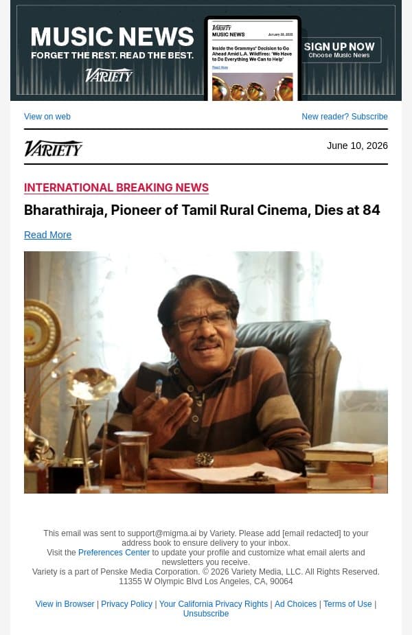 Bharathiraja, Pioneer of Tamil Rural Cinema, Dies at 84 email from Variety screenshot
