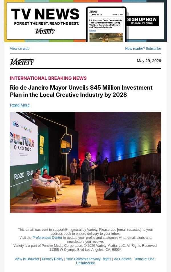 Rio de Janeiro Mayor Unveils $45 Million Investment Plan in the Local Creative Industry by 2028 email from Variety screenshot