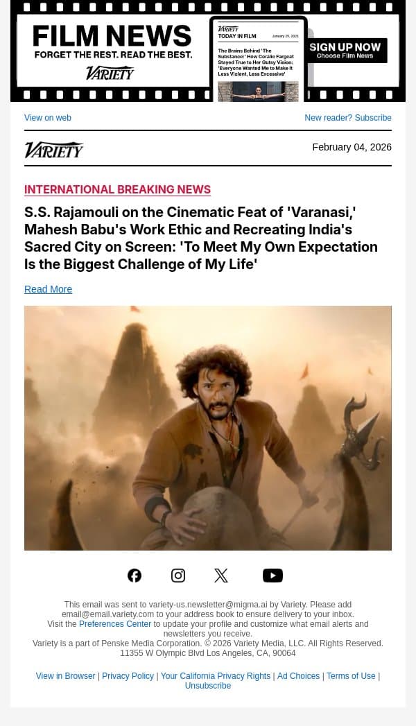 S.S. Rajamouli on the Cinematic Feat of 'Varanasi,' Mahesh Babu's Work Ethic and Recreating India's Sacred City on Screen: 'To Meet My Own Expectation Is the Biggest Challenge of My Life' email from Variety screenshot