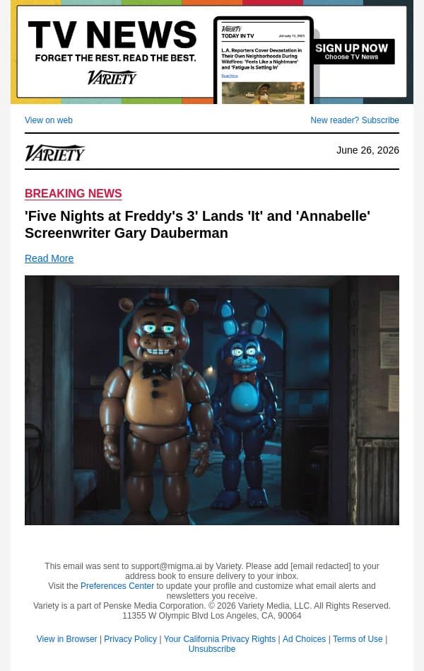 'Five Nights at Freddy's 3' Lands 'It' and 'Annabelle' Screenwriter Gary Dauberman email from Variety screenshot