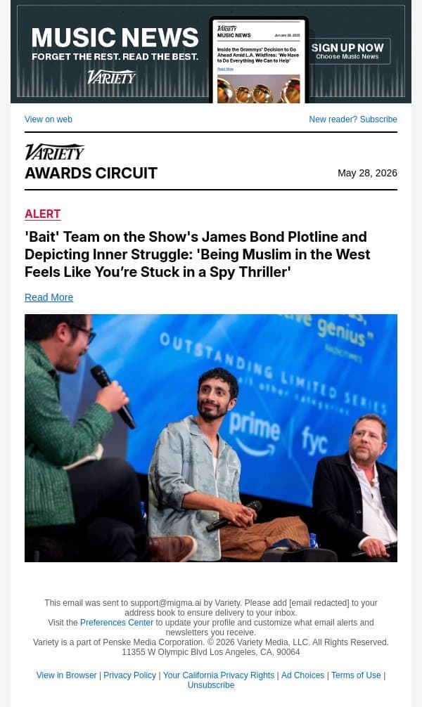 'Bait' Team on the Show's James Bond Plotline and Depicting Inner Struggle: 'Being Muslim in the West Feels Like You’re Stuck in a Spy Thriller' email from Variety screenshot