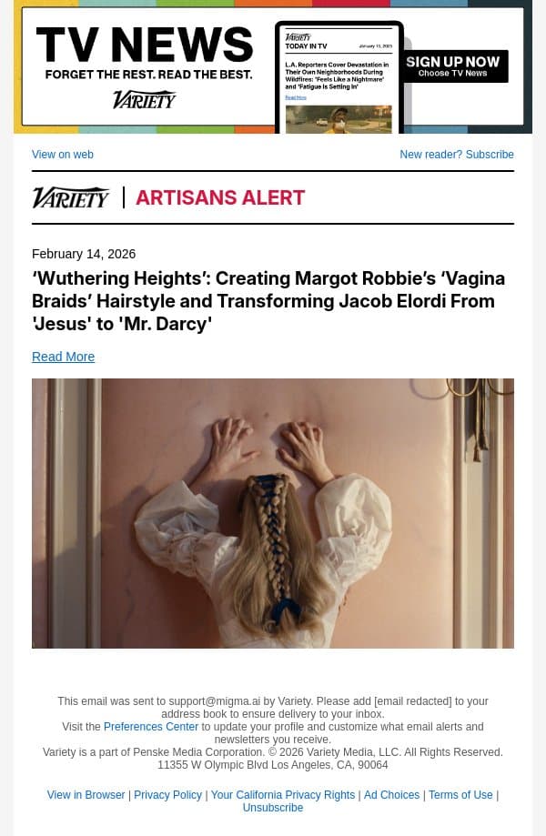 ‘Wuthering Heights’: Creating Margot Robbie’s ‘Vagina Braids’ Hairstyle and Transforming Jacob Elordi From 'Jesus' to 'Mr. Darcy' email from Variety screenshot