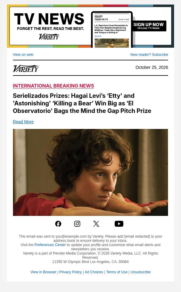 Serielizados Prizes: Hagai Levi’s ‘Etty' and 'Astonishing' ‘Killing a Bear’ Win Big as ‘El Observatorio' Bags the Mind the Gap Pitch Prize email from Variety screenshot