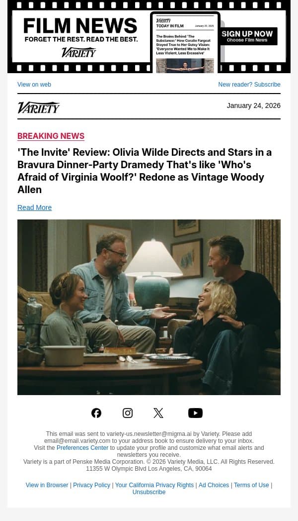 'The Invite' Review: Olivia Wilde Directs and Stars in a Bravura Dinner-Party Dramedy That's like 'Who's Afraid of Virginia Woolf?' Redone as Vintage Woody Allen email from Variety screenshot