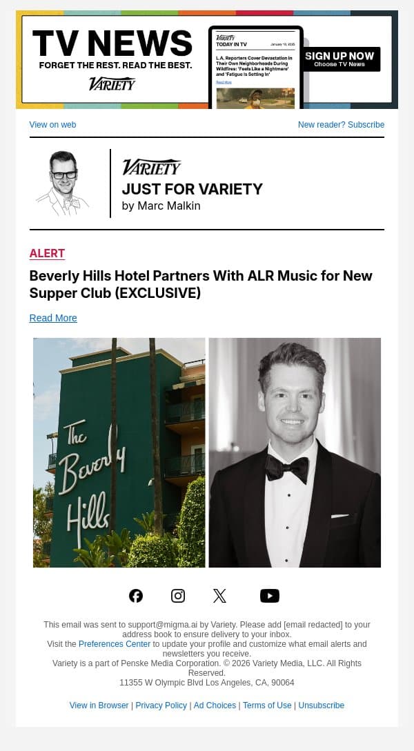 Beverly Hills Hotel Partners With ALR Music for New Supper Club (EXCLUSIVE) email from Variety screenshot