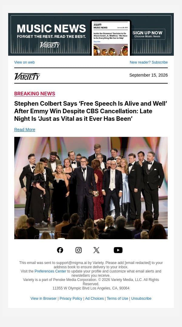 Stephen Colbert Says ‘Free Speech Is Alive and Well’ After Emmy Win Despite CBS Cancellation: Late Night Is ‘Just as Vital as it Ever Has Been’ email from Variety screenshot