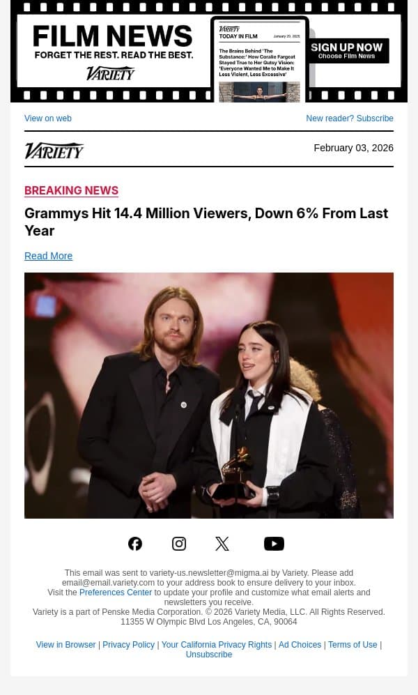 Grammys Hit 14.4 Million Viewers, Down 6% From Last Year email from Variety screenshot