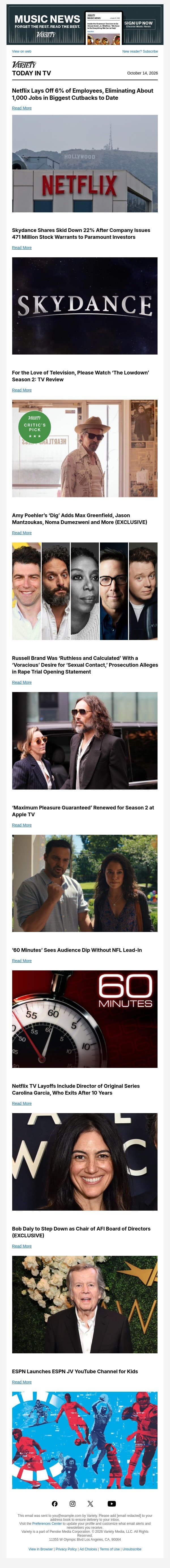Netflix Layoffs; Skydance Shares Fall; 'The Lowdown' Season 2 Review email from Variety screenshot