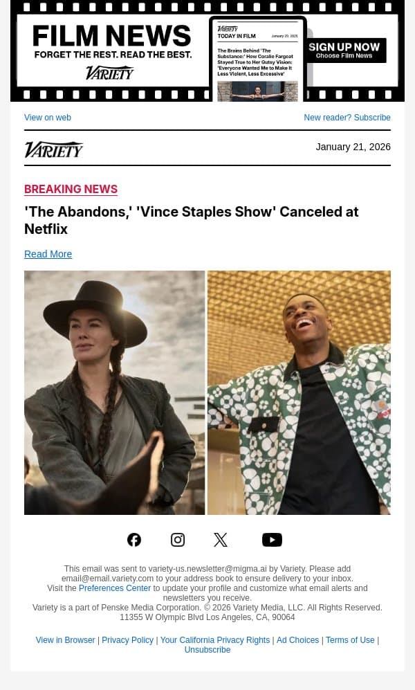 'The Abandons,' 'Vince Staples Show' Canceled at Netflix email from Variety screenshot