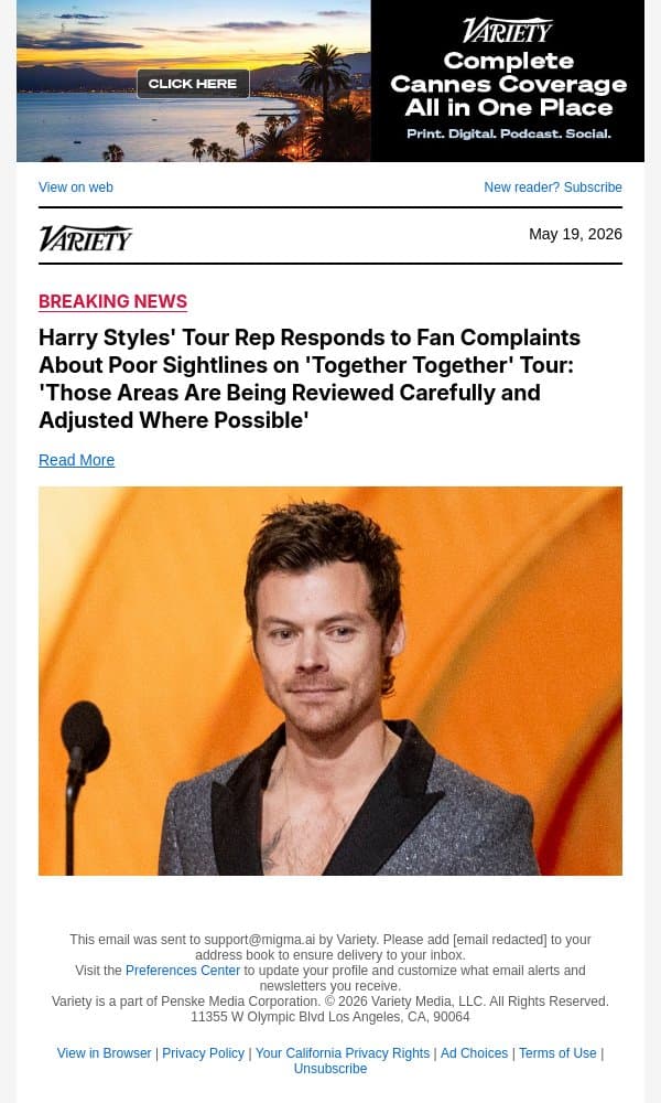 Harry Styles' Tour Rep Responds to Fan Complaints About Poor Sightlines on 'Together Together' Tour: 'Those Areas Are Being Reviewed Carefully and Adjusted Where Possible' email from Variety screenshot