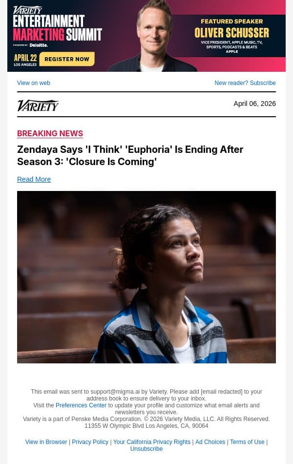 Zendaya Says 'I Think' 'Euphoria' Is Ending After Season 3: 'Closure Is Coming' email from Variety screenshot