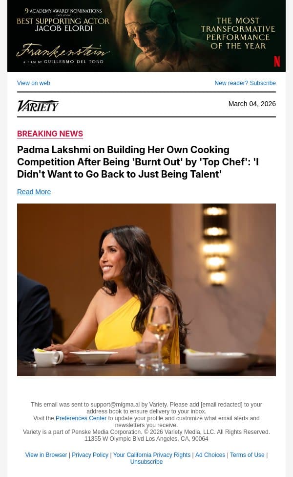 Padma Lakshmi on Building Her Own Cooking Competition After Being 'Burnt Out' by 'Top Chef': 'I Didn't Want to Go Back to Just Being Talent' email from Variety screenshot