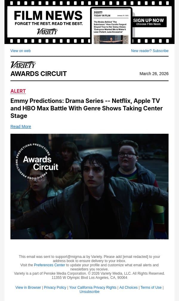Emmy Predictions: Drama Series -- Netflix, Apple TV and HBO Max Battle With Genre Shows Taking Center Stage email from Variety screenshot