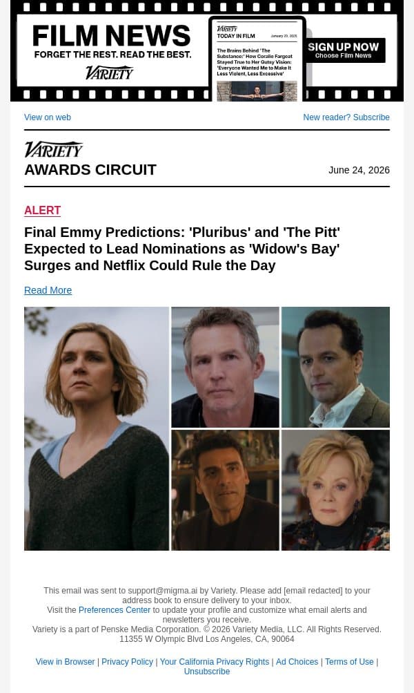 Final Emmy Predictions: 'Pluribus' and 'The Pitt' Expected to Lead Nominations as 'Widow's Bay' Surges and Netflix Could Rule the Day email from Variety screenshot