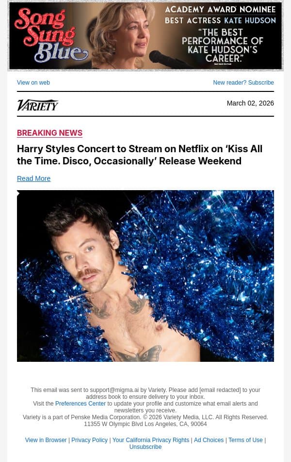 Harry Styles Concert to Stream on Netflix on ‘Kiss All the Time. Disco, Occasionally’ Release Weekend email from Variety screenshot